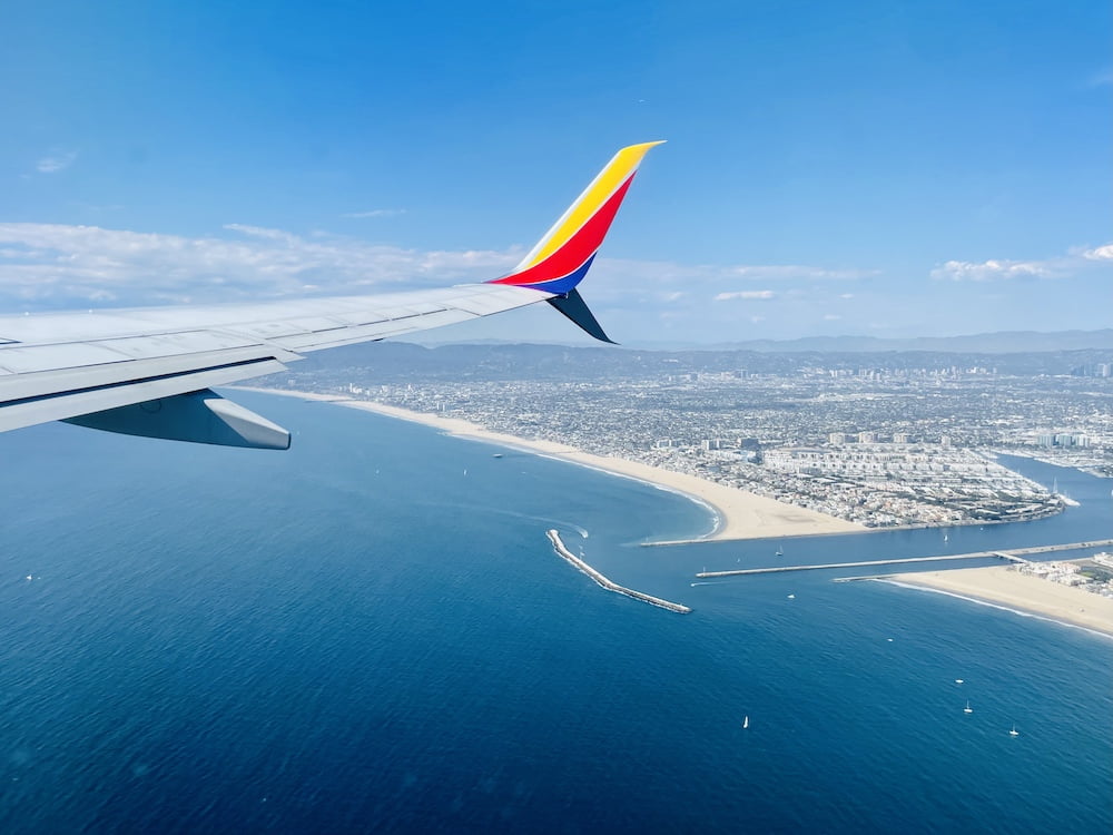 Southwest plane flying over Los Angeles airports